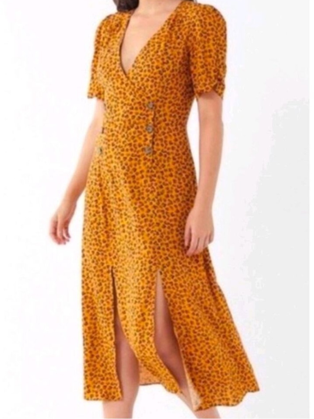 Urban Outfitters Mustard Yellow Leopard-Print Midi Dress
